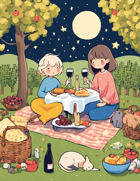 Coloring book image of serene vineyard picnic under starry night sky with cheese, wine, and blooming grapes in color