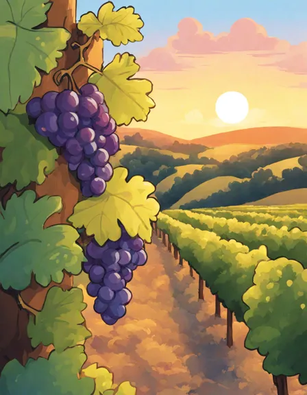 Coloring book image of golden dawn over a picturesque vineyard with rows of lush vines, leaves twinkling with dew in color