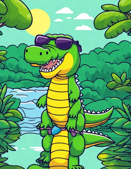coloring book scene of a crocodile sunbathing at a zoo with exotic birds and tropical trees in color