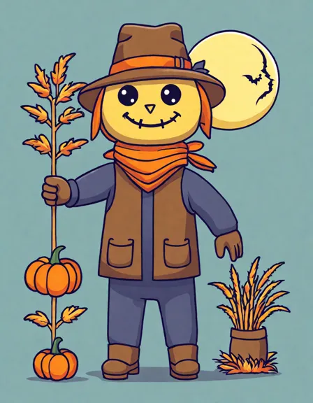 eerie halloween coloring page featuring a scarecrow in a moonlit cornfield in color