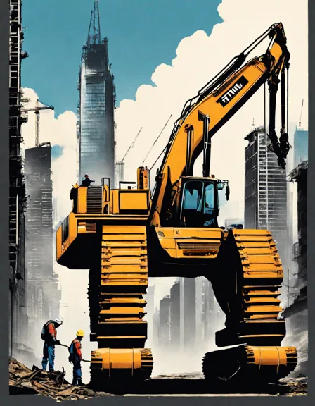 coloring book page featuring cranes, excavators, and bulldozers at a city construction site in color