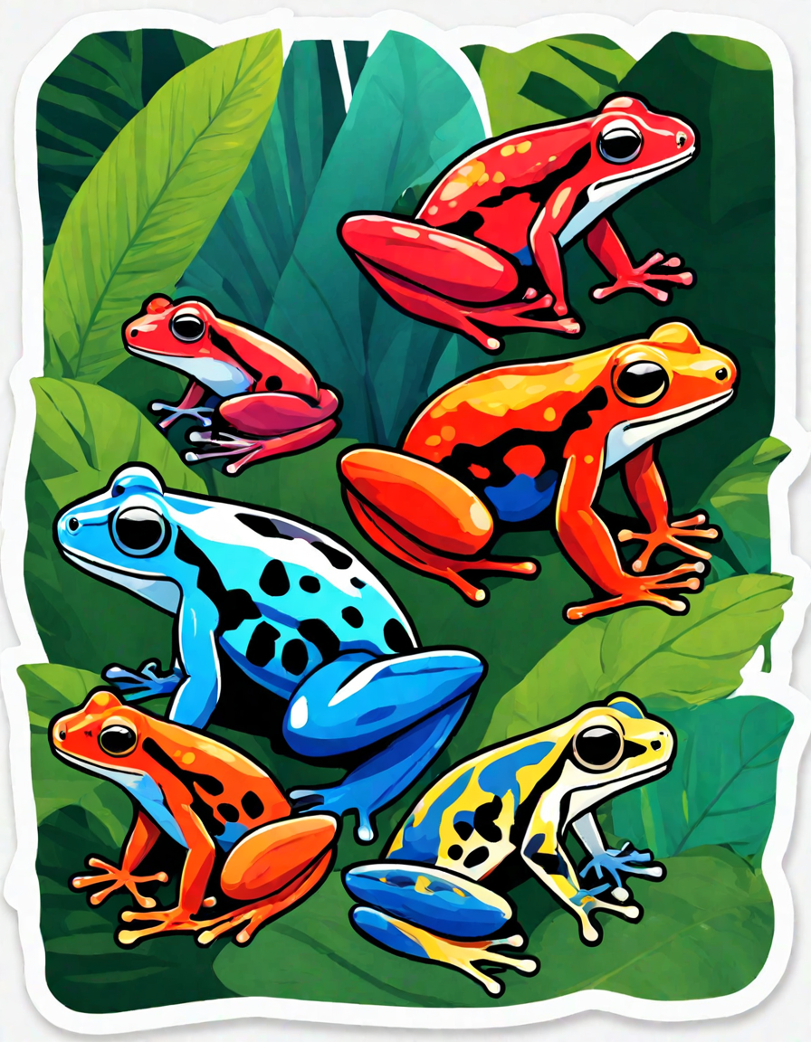 coloring book page of poison dart frogs in a rainforest, showcasing their vivid patterns in color