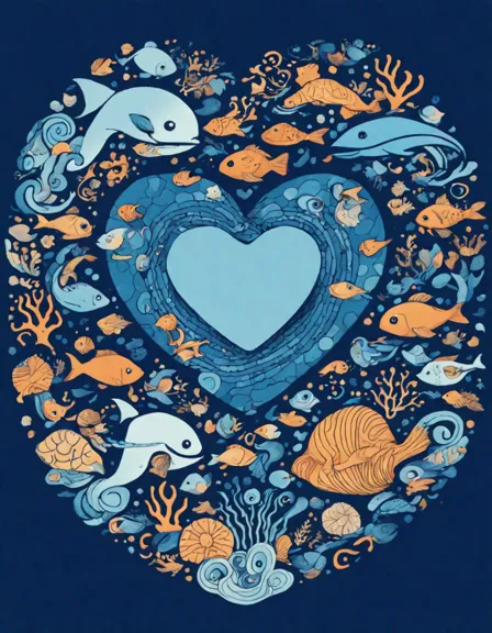 Coloring book image of intricate heart of the ocean mandala design with aquatic motifs and heart-shaped centerpiece in color