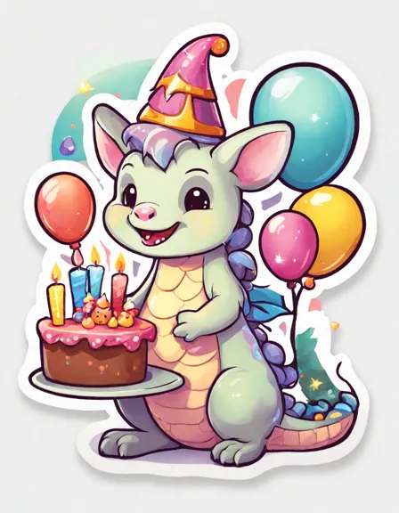 Coloring book image of jovial dragon celebrating a birthday with fairies and mice, in a cave decorated with gemstones and a giant cake in color