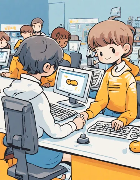 coloring page of a lively computer lab with students, various projects on screens, and a robot assistant in color