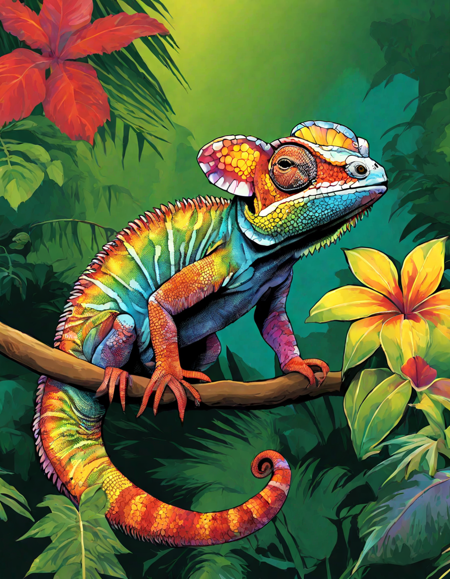 Coloring book image of colorful chameleons camouflaged in a lush tropical forest scene with exotic plants in color