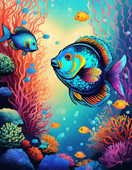 school of rainbow fish coloring page with iridescent scales in underwater scene for creative artists in color