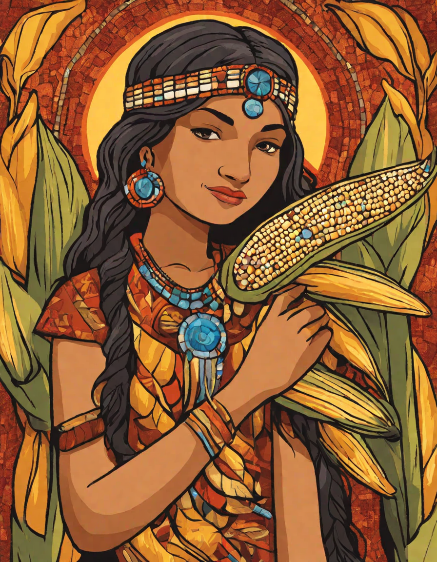 Coloring book image of intricate native american mural depicts sacred corn mother, symbolizing sustenance and guidance in color