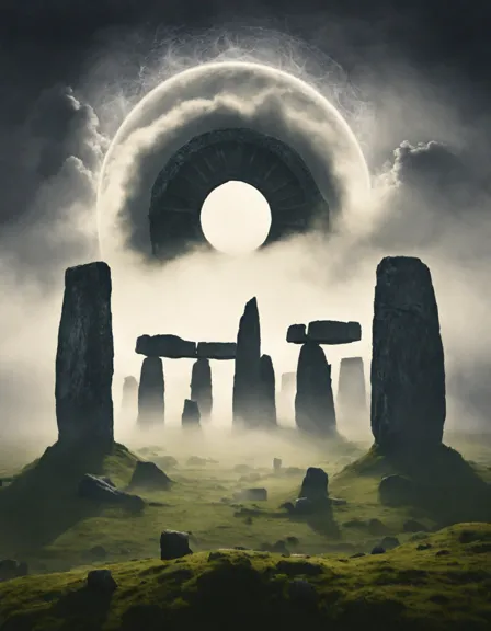 Coloring book image of foggy stonehenge circle emerges from swirling mist on a misty morning in color