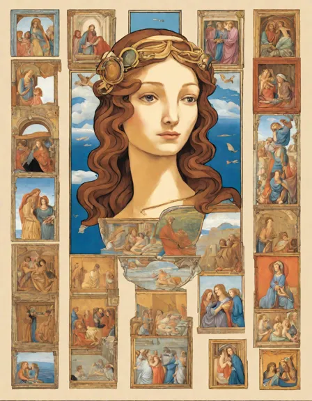 Coloring book image of renaissance art collection featuring famous masterpieces in vibrant colors, including botticelli's birth of venus and leonardo's mona lisa in color
