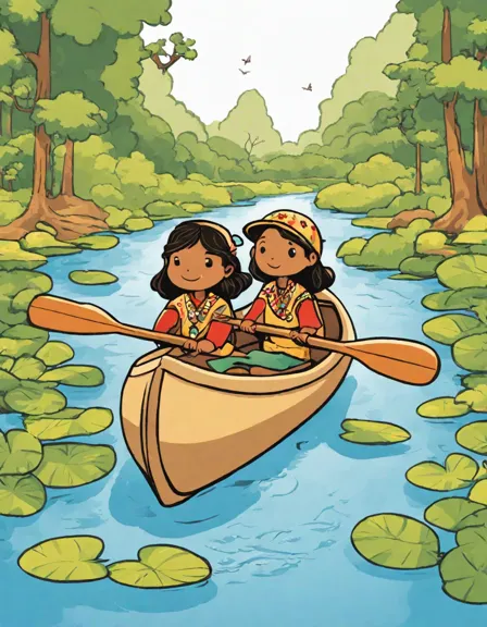 Coloring book image of native american family paddling canoe on serene river surrounded by lush greenery in color