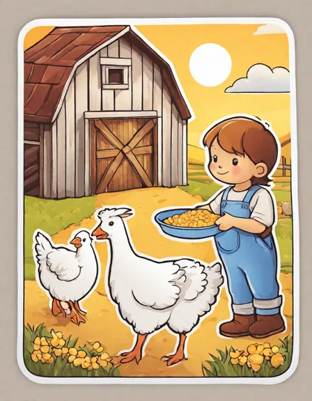 child feeding animals during morning chores on a farm coloring page in color
