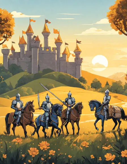 Coloring book image of knights in armor preparing for a quest at dawn with a castle silhouette in the background in color