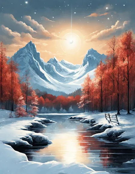 Coloring book image of frozen lake under winter sky, glistening like a diamond expanse, with snow-laden trees and serene ambiance in color