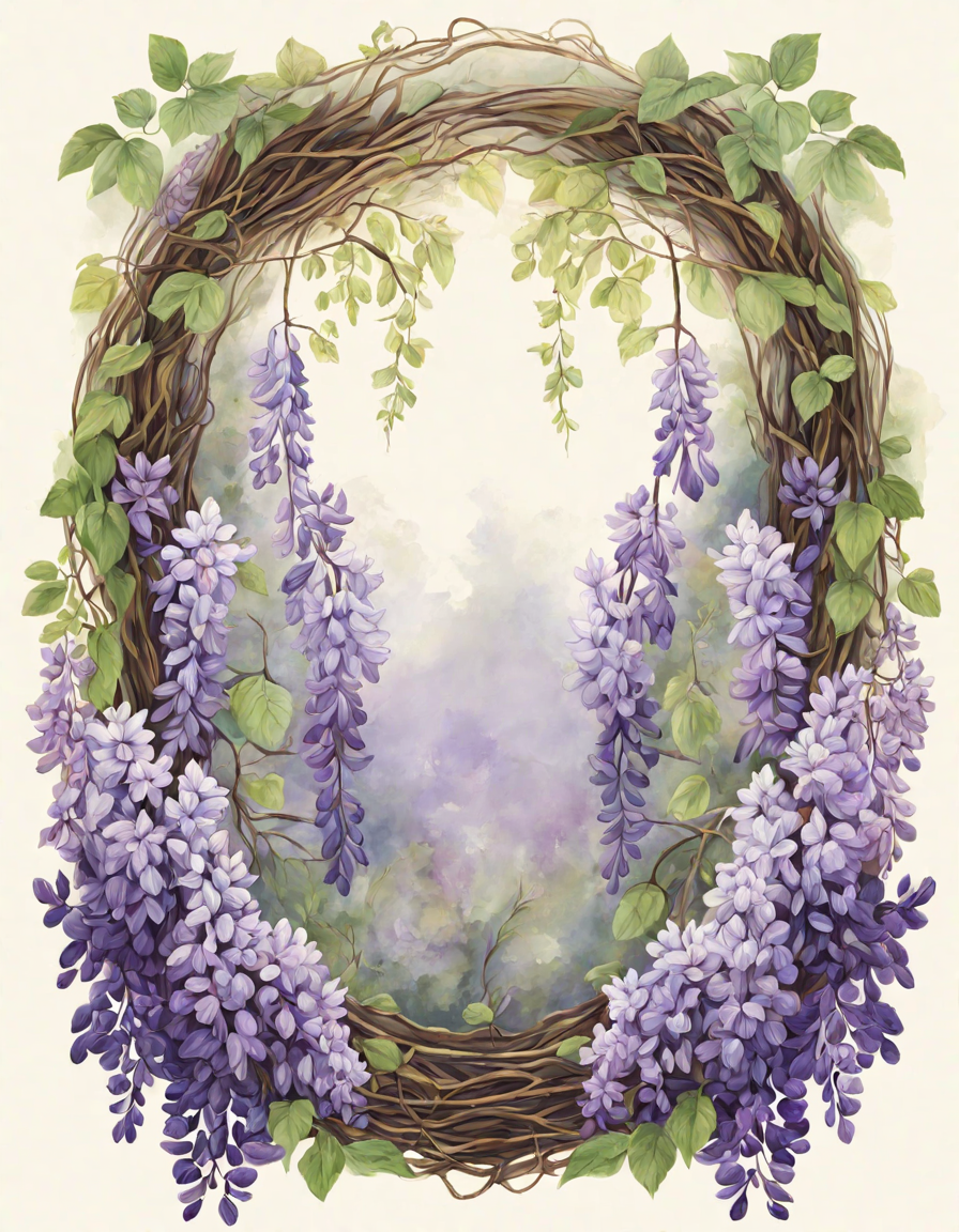 mystical grotto of wisteria coloring page, intricate vines, delicate blooms, enchanting embrace in color