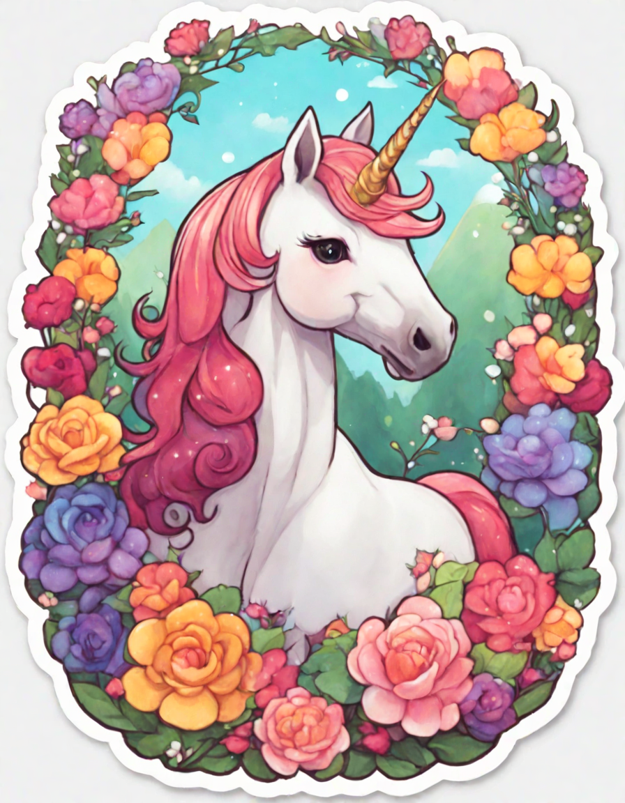 coloring book page featuring unicorns with floral crowns in a mystical meadow under a rainbow in color