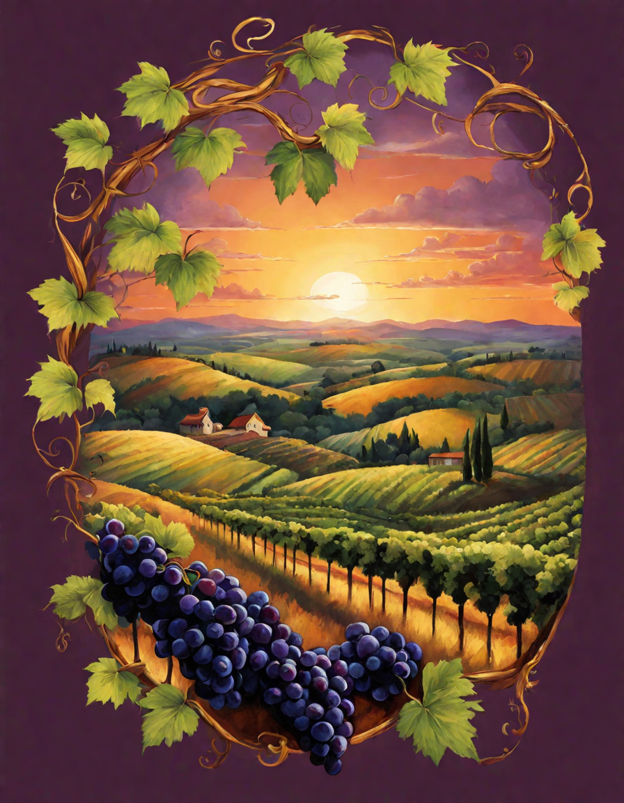 serene vineyard sunset coloring page with intricate foliage details in color