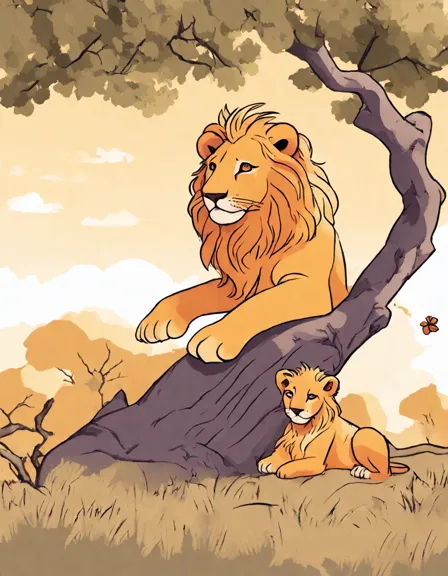 coloring page featuring a serene lion resting under an acacia tree at sunset in the savannah in color