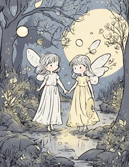 Coloring book image of ethereal fairies dancing under a glowing full moon in a mystical forest with fireflies and a serene stream in color