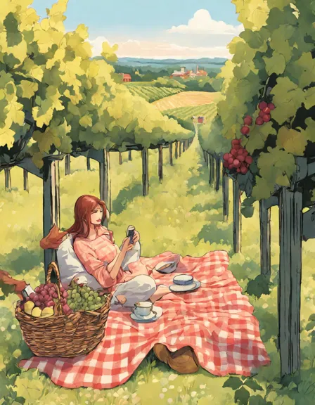 enchanting coloring page of a secluded vineyard picnic among lush grapevines in color