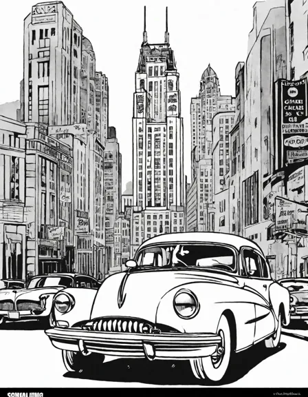 detroit automotive legacy coloring page featuring iconic cars like chrysler airflow, ford mustang, and chevrolet corvette in color