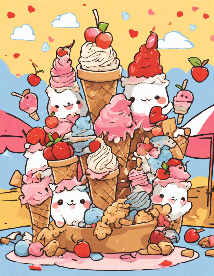 summer-themed coloring page featuring a variety of ice cream cones under the sun in color