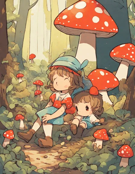 Coloring book image of magical scene of pixies playing hide-and-seek among vibrant toadstools in a forest in color