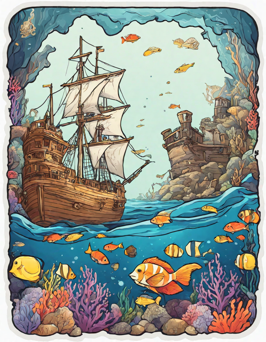 coloring book page of a sunken shipwreck surrounded by marine life and treasure on the ocean floor in color