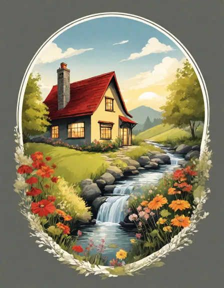Coloring book image of idyllic countryside cottage amidst rolling hills with a meandering stream at sunset in color