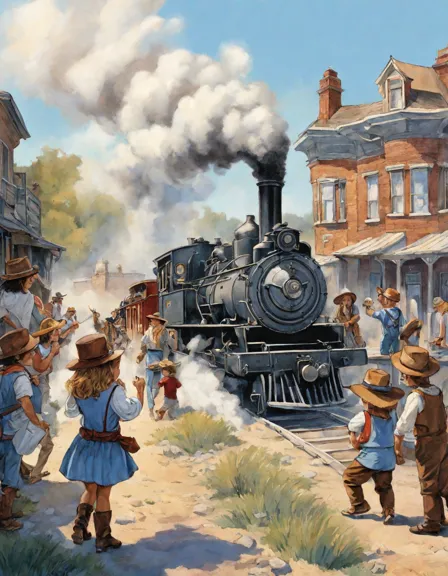Coloring book image of steam locomotive arrives in wild west town, surrounded by excited cowboys, cowgirls, and horses in color