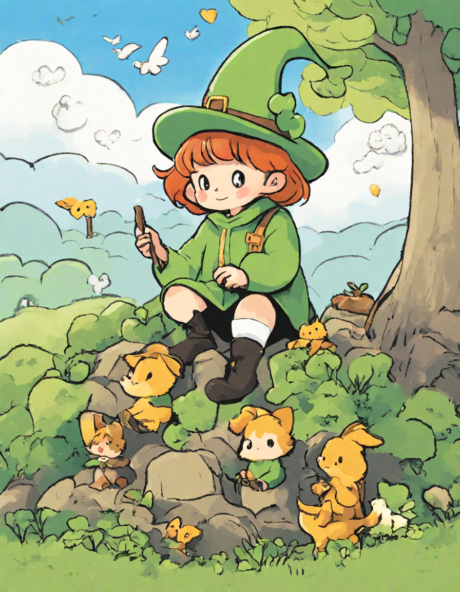 Coloring book image of leprechauns at end of rainbow in irish countryside, wearing green coats and hats, guarding pot of gold, surrounded by vibrant nature in color