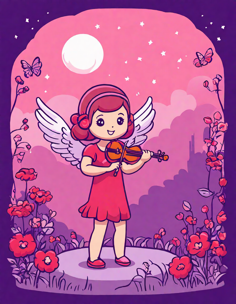 cupid releasing an arrow in a colorful, moonlit garden on a coloring page in color