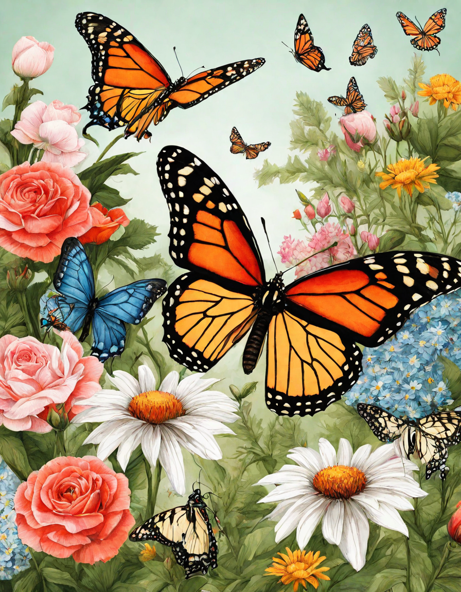 vibrant butterflies among blooming flowers in a lush garden, perfect for coloring in color