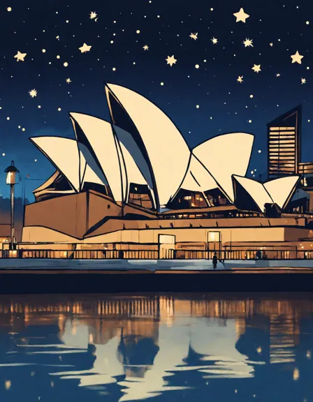 coloring book page featuring sydney opera house at night with stars and reflective harbour in color