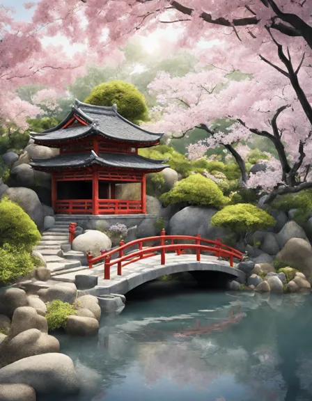 Coloring book image of tranquil japanese garden with delicate cherry blossoms, stone pathways, and a traditional teahouse in color