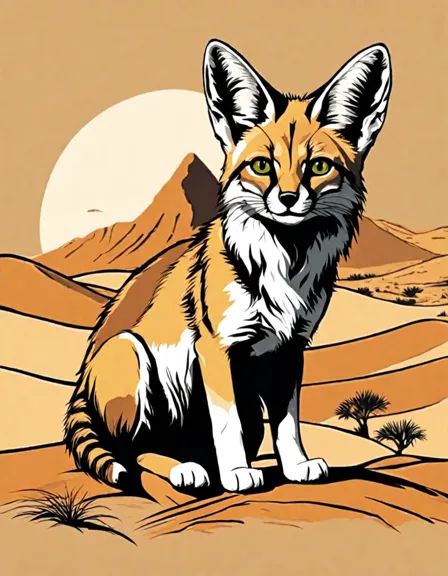 serene desert coloring page featuring majestic sand cats, arabian oryx, and playful fennec foxes in color