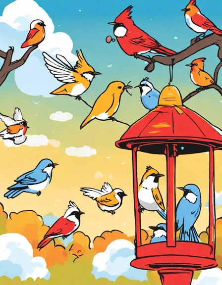 Coloring book image of vibrant bird feeder teeming with feathered friends: cardinal, hummingbird, and chickadee in color
