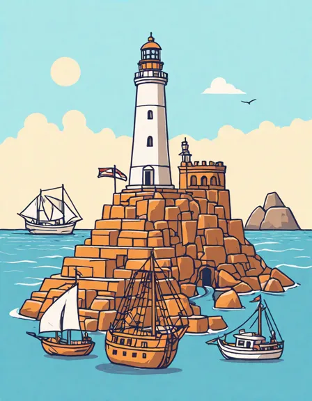 coloring page of the lighthouse of alexandria on ancient shores with detailed bricks and bustling docks in color