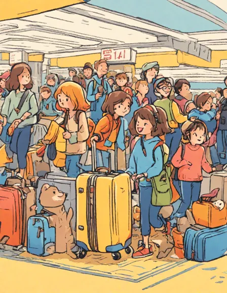 coloring page of travelers waiting at airport baggage claim area with detailed luggage carousel in color