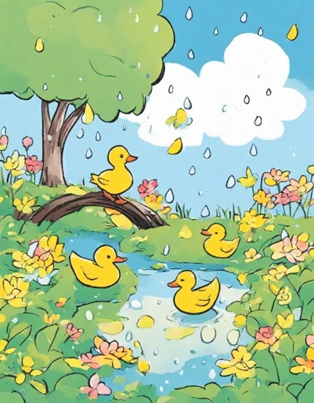 coloring page of spring showers with ducks, blooming flowers, and a rainbow in color