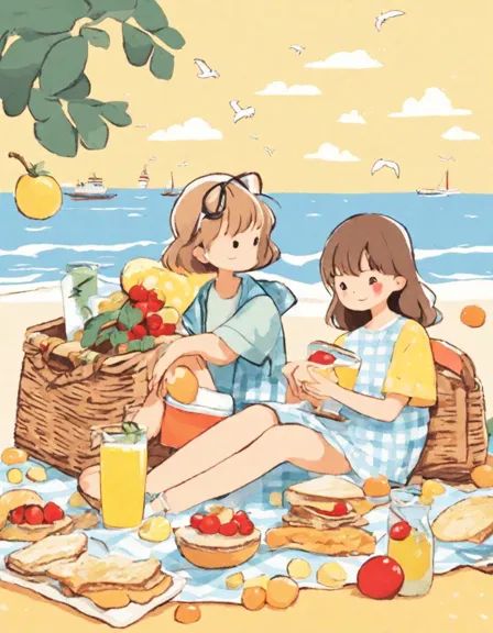 coloring page of beach picnic with fruits, sandwiches, and lemonade on a checkered blanket in color