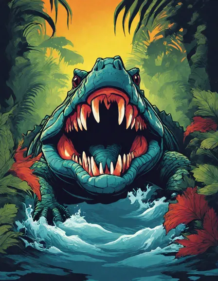 Coloring book image of alligator leaps from water and captures prey in its powerful jaws in color
