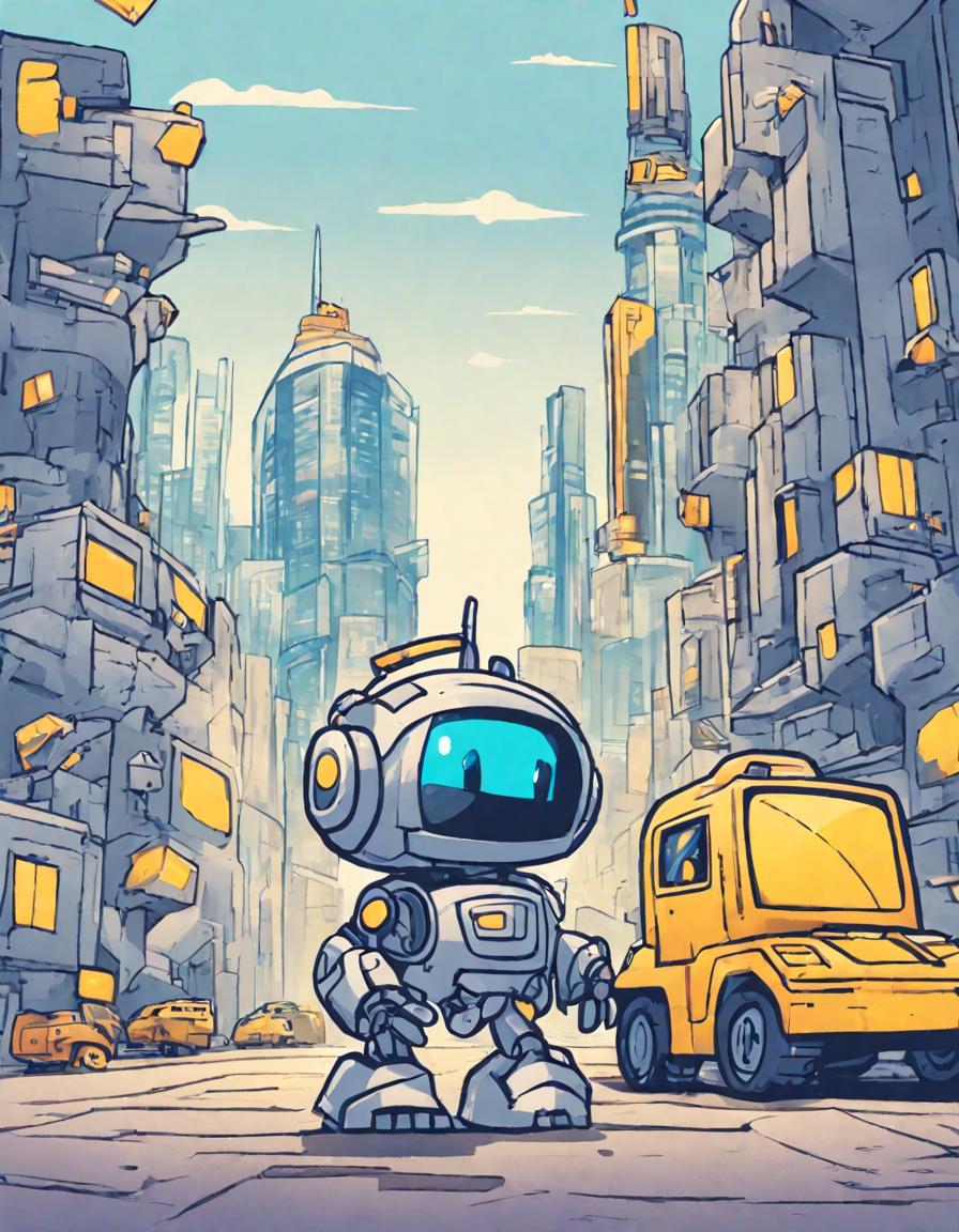 coloring page of robot secret agent with gadgets in a futuristic city in color