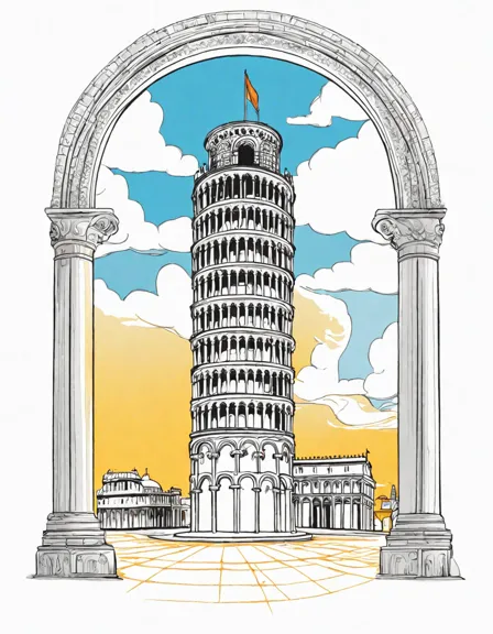 detailed coloring book page of the iconic leaning tower of pisa, featuring its arched windows and majestic columns in color