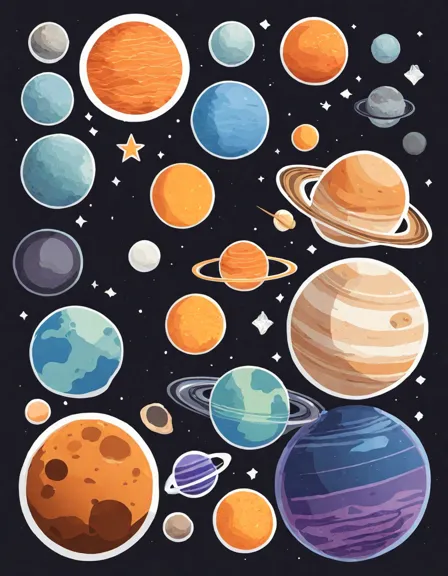 intricate coloring page featuring dwarf planets ceres, pluto, eris, makemake, and haumea in color