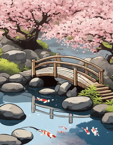 Coloring book image of wooden bridge over koi pond in a serene japanese zen garden with cherry blossoms in color