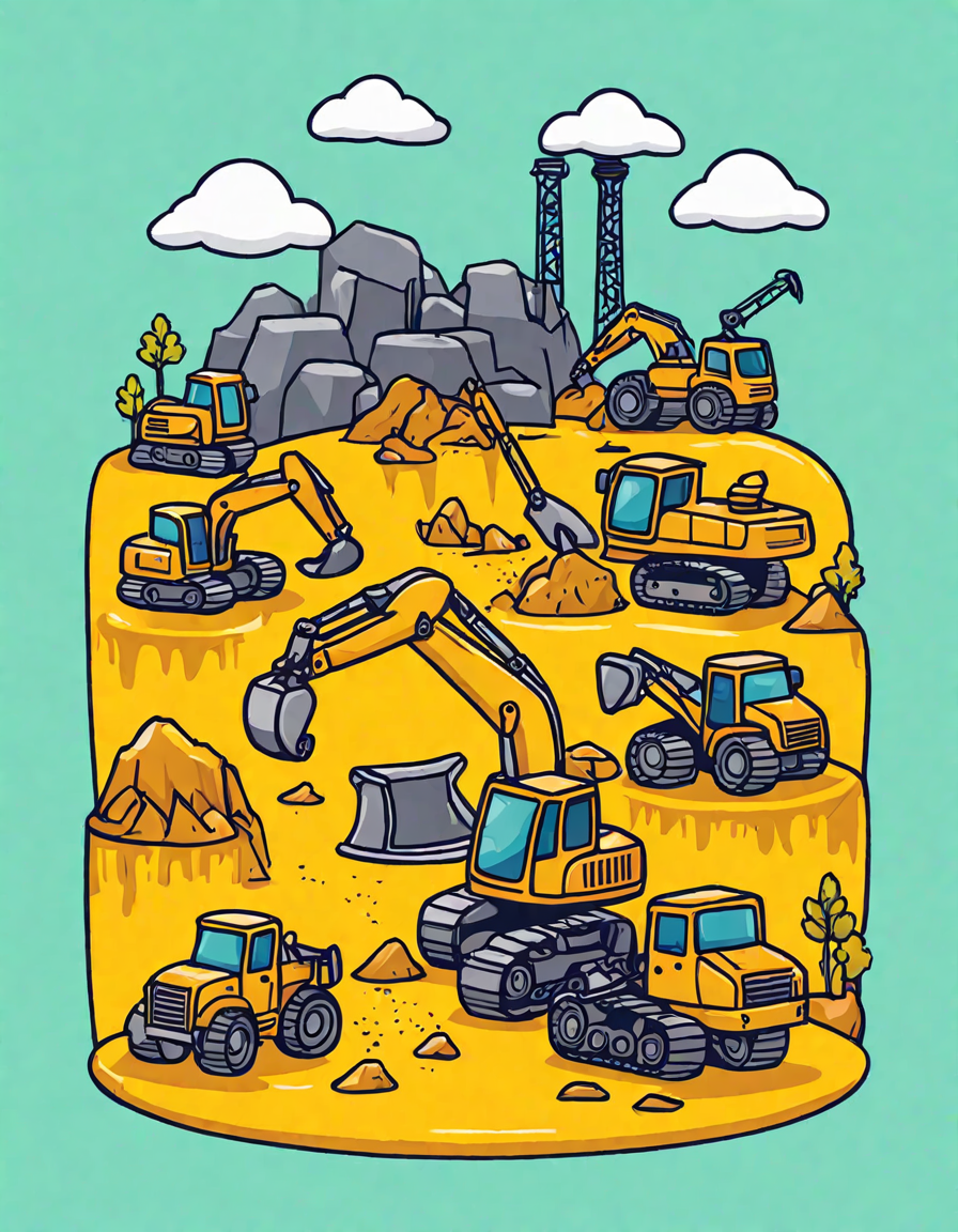 coloring page of construction site with excavators and trucks for children to color in color