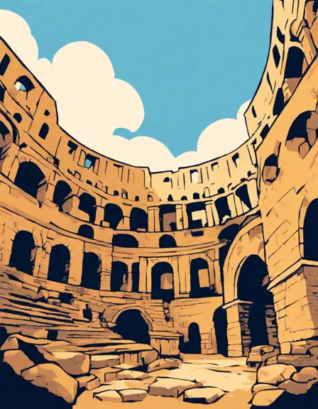 colosseum amphitheater at dusk, golden hour, coloring book page in color