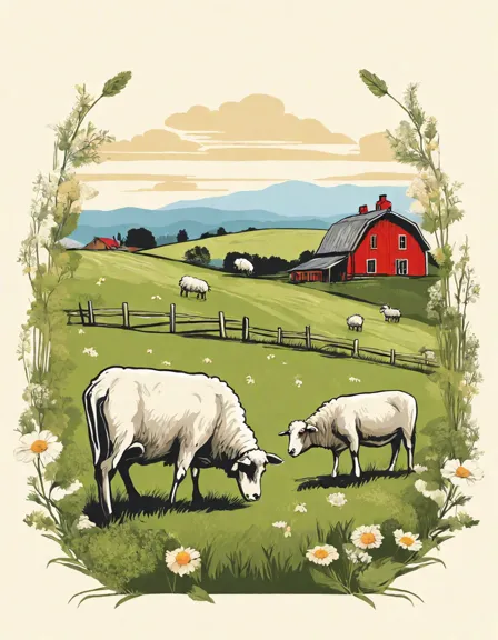 Coloring book image of rolling hills, grazing sheep and cows, and a quaint farmhouse in a tranquil countryside in color