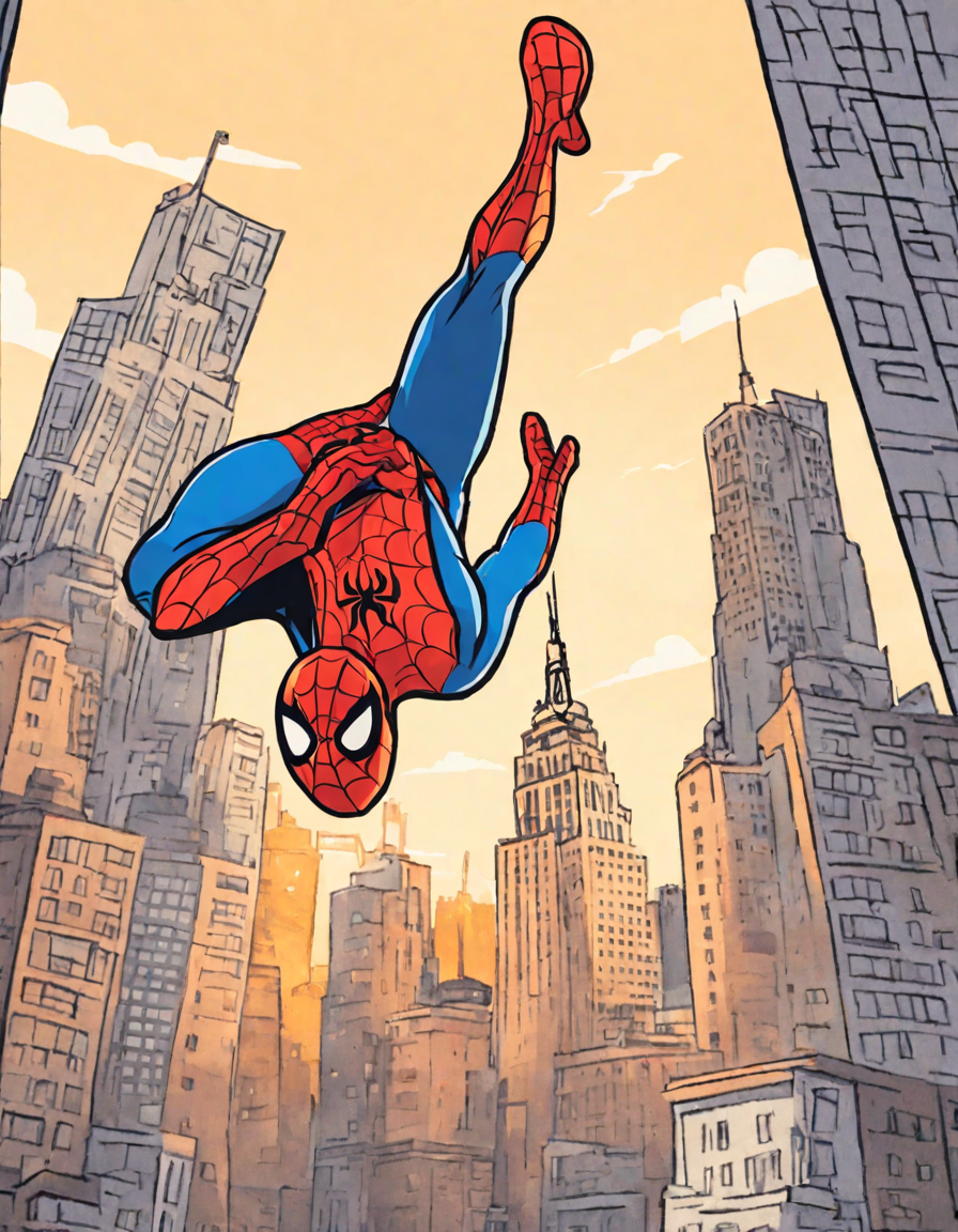 coloring book page of spiderman swinging across new york city skyline, leaving a trail of spider webs in color